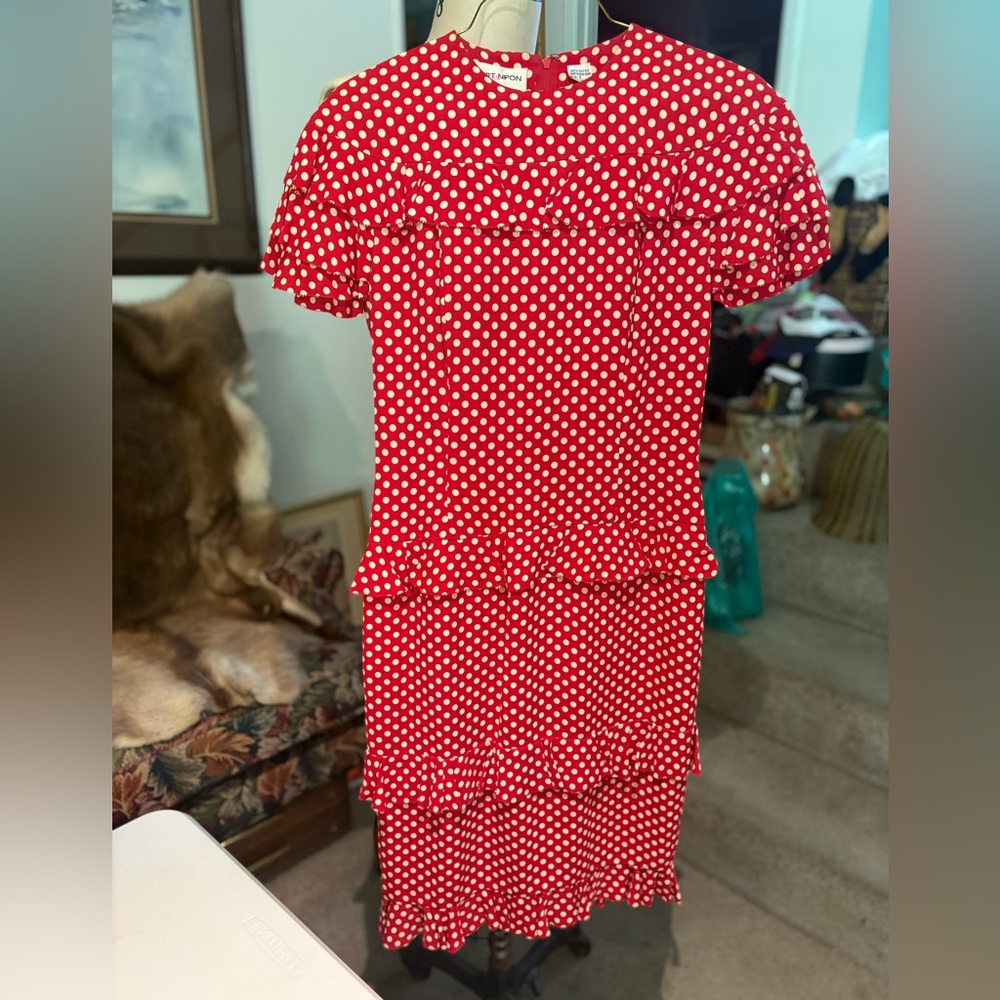 Vintage Albert Nipon Red Polka Dot Ruffle Dress | Size 2